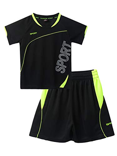 Aislor Conjunto Deportivo Verano para Niños Sport Ropa Deportiva Camiseta de Manga Corta y Pantalones Cortos Chándal Deporte Fútbol Baloncesto Running 2 Piezas Negro 11-12 años