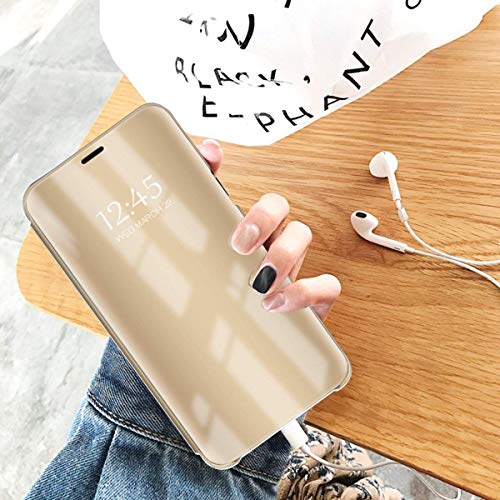 AIsoar Carcasa Compatible/Reemplazo para Xiaomi Mi 9 SE Funda Tapa Libro Flip Clear 360° Protectora Caso Modelo Fecha Espejo Translúcido Slim PC Duro Anti-Scratch Teléfono Cubierta (Dorado)