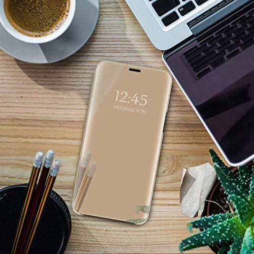 AIsoar Carcasa Compatible/Reemplazo para Xiaomi Mi 9 SE Funda Tapa Libro Flip Clear 360° Protectora Caso Modelo Fecha Espejo Translúcido Slim PC Duro Anti-Scratch Teléfono Cubierta (Dorado)