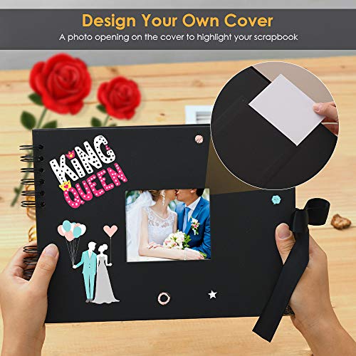 Album de Fotos Scrapbook Espiral, 80 Páginas Negras DIY Scrapbooking Album Set con 2pcs Photo Corners 6pcs Pegatinas 5pcs Plantillas 12 Rotuladores de Colores, para Boda Aniversario Cumpleaños Navidad