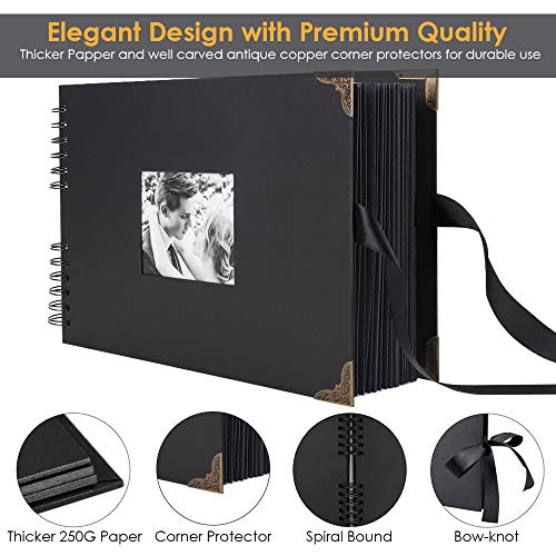 Album de Fotos Scrapbook Espiral, 80 Páginas Negras DIY Scrapbooking Album Set con 2pcs Photo Corners 6pcs Pegatinas 5pcs Plantillas 12 Rotuladores de Colores, para Boda Aniversario Cumpleaños Navidad