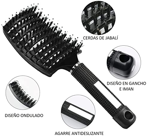 ALIMAN BRAND Cepillo de Pelo con 5 Coleteros, Cepillo para el Pelo de Cerdas de Jabalí Naturales, Peine de Pelo, Reduce el Encrespamiento, Negro