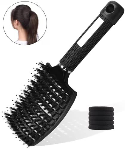 ALIMAN BRAND Cepillo de Pelo con 5 Coleteros, Cepillo para el Pelo de Cerdas de Jabalí Naturales, Peine de Pelo, Reduce el Encrespamiento, Negro