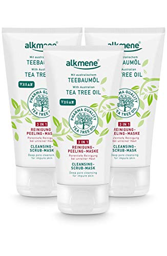 alkmene Mascarilla exfoliante 3en1 con aceite del árbol del té - anti espinillas, manchas y rojeces - cuidado facial vegano sin siliconas, ni parabenos 3x 150 ml