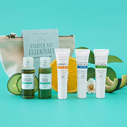 Alma Secret Beauty Travel Set Facial 5 productos para pieles mixtas/normales con extractos naturales y ecológicos. Neceser viaje, pack regalo original para Navidad, San Valentín o el amigo invisible.