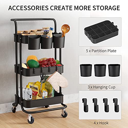 alvorog Carrito de Cocina de 3 Niveles con Ruedas, Carro de Almacenaje con Asa, Carrito Auxiliar Multifuncional para Baño, Cocina, Oficina, Salón & SPA - Negro