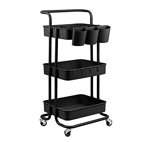 alvorog Carrito de Cocina de 3 Niveles con Ruedas, Carro de Almacenaje con Asa, Carrito Auxiliar Multifuncional para Baño, Cocina, Oficina, Salón & SPA - Negro