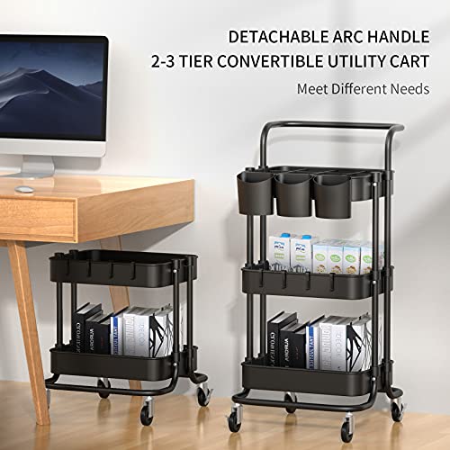 alvorog Carrito de Cocina de 3 Niveles con Ruedas, Carro de Almacenaje con Asa, Carrito Auxiliar Multifuncional para Baño, Cocina, Oficina, Salón & SPA - Negro