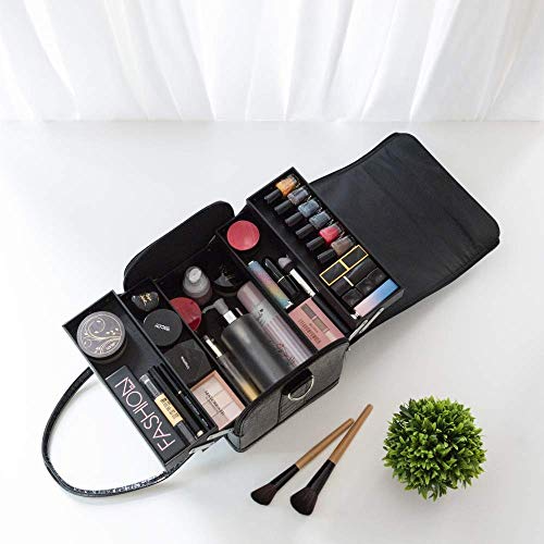 Amasava Maletín para Maquillaje, Estuches de Maquillaje, Estuche de Cosméticos, 19 cm * 19,5 cm * 27cm, PVC, Cerradura, 6 bandejas, con Correa para el Hombro, Negro