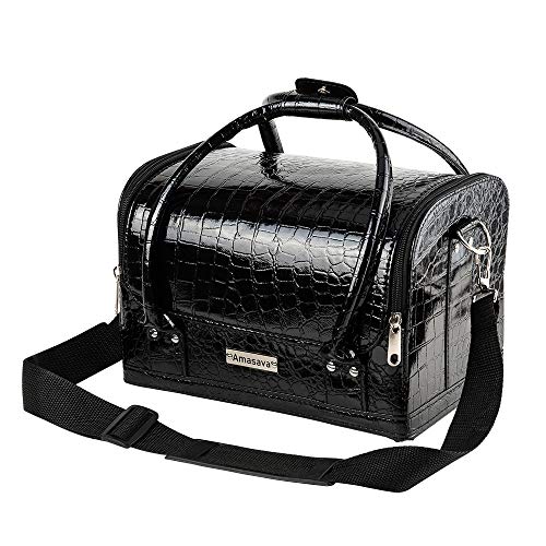 Amasava Maletín para Maquillaje, Estuches de Maquillaje, Estuche de Cosméticos, 19 cm * 19,5 cm * 27cm, PVC, Cerradura, 6 bandejas, con Correa para el Hombro, Negro