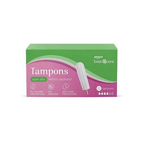 Amazon Basic Care Tampones Super Plus, sin aplicador, 4 paquetes de 32 (total 128)