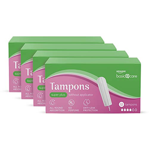 Amazon Basic Care Tampones Super Plus, sin aplicador, 4 paquetes de 32 (total 128)