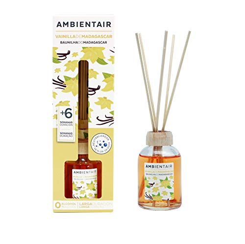 Ambientair. Difusor de Varillas perfumadas. Ambientador Mikado Vainilla. Difusor 50ml con palitos de ratán. Ambientador sin Alcohol para casa.