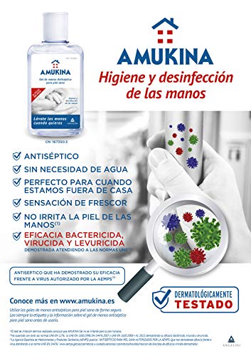 AMUKINA - Gel Hidroalcoholico - 6 x 80ml - Higiene de Manos en profundidad sin agua