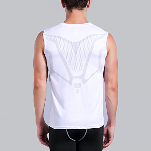 AMZSPORT Camiseta de compresión sin mangas para hombre Deportes de Secado Rápido Baselayer Funcionamiento Tirantes Blanco L