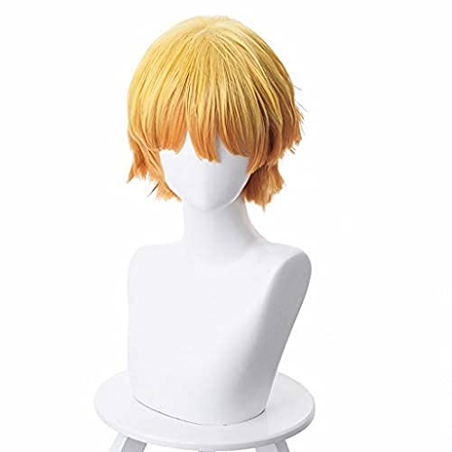 Ani·Lnc Agatsuma Zenitsu Demon Slayer Cosplay disfraz peluca amarillo degradado naranja rizado pelo corto para hombres