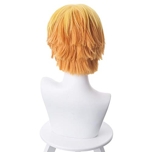 Ani·Lnc Agatsuma Zenitsu Demon Slayer Cosplay disfraz peluca amarillo degradado naranja rizado pelo corto para hombres