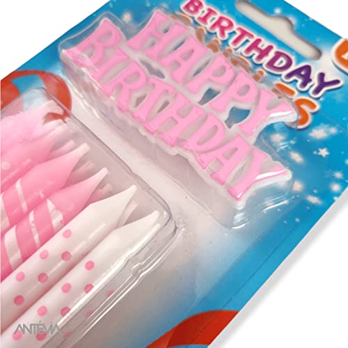 ANTEVIA - Lote de 12 velas de cumpleaños con placa de pastelería "Happy birthday", más de 10 modos, color rosa y con portavelas (Happy Rose)