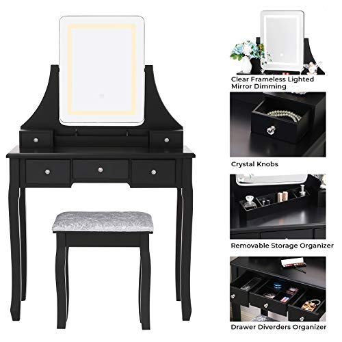 ANWBROAD Juego de Tocador LED Escritorio Grande de Maquillaje con Taburete Almohadillas Espejo sin Marco 5 cajones y 2 separadores Organizador extraíble Almacenamiento de Joyas para Negro BDT01B