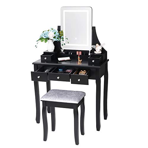 ANWBROAD Juego de Tocador LED Escritorio Grande de Maquillaje con Taburete Almohadillas Espejo sin Marco 5 cajones y 2 separadores Organizador extraíble Almacenamiento de Joyas para Negro BDT01B