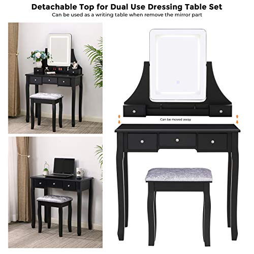 ANWBROAD Juego de Tocador LED Escritorio Grande de Maquillaje con Taburete Almohadillas Espejo sin Marco 5 cajones y 2 separadores Organizador extraíble Almacenamiento de Joyas para Negro BDT01B