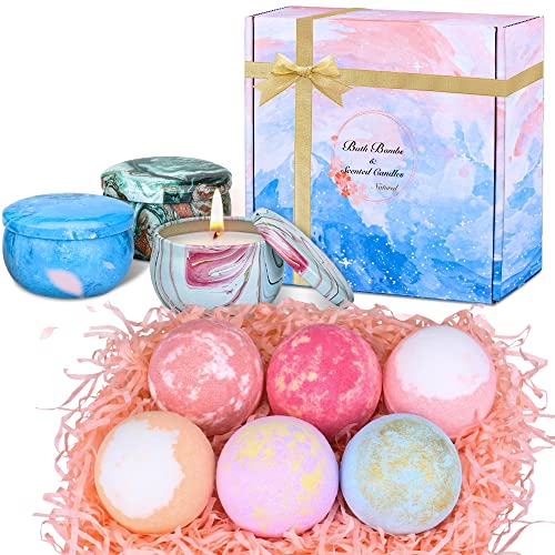 Aottom 6 Piezas Bombas de Baño y 3 Velas Aromaticas Perfumadas Set de Regalo de Bomba de Baño Bath Ball Natural Spa para el Cuidado y la Relajación Regalos para Mujeres Mamá Novia