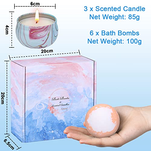 Aottom 6 Piezas Bombas de Baño y 3 Velas Aromaticas Perfumadas Set de Regalo de Bomba de Baño Bath Ball Natural Spa para el Cuidado y la Relajación Regalos para Mujeres Mamá Novia