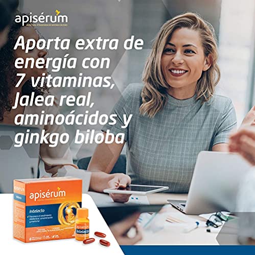 Apisérum Intelecto Cápsulas - Favorece el rendimiento intelectual, concentración y memoria, Multivitamínico con Jalea Real, Vitamina B, Aminoacidos y Ginkgo Biloba, Tratamiento para 1 mes