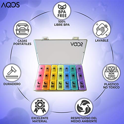 AQOS Pastillero semanal 3 tomas, en español, diario, organizador de pastillas, semanal, mensual, grande, medicamentos.