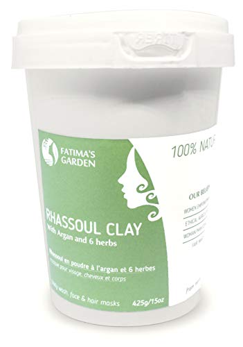 Arcilla Rhassoul de Fatima’s Garden, arcilla marroquí 100% natural para rostro, cabello, y hammam, enriquecida con aceite de argán y 6 hierbas, propiedades suavizantes y purificantes-425gr