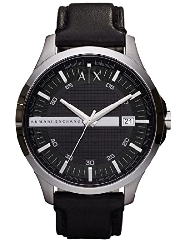 Armani Exchange Reloj de Tres Manecillas para Hombre, Reloj de Acero Inoxidable, Tamaño de Caja de 46 mm, Negro (Piel)