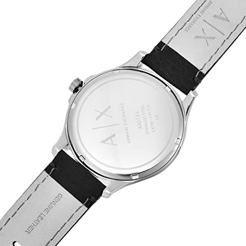 Armani Exchange Reloj de Tres Manecillas para Hombre, Reloj de Acero Inoxidable, Tamaño de Caja de 46 mm, Negro (Piel)