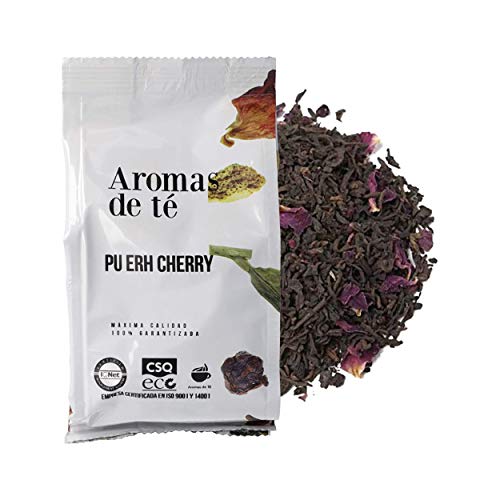 Aromas de Té | Té Rojo Pu Erh Cherry 100 gr | Té Rojo con Cereza Japonesa Sabor Caramelos de Kojak con Pétalos de Rosas y Hojuelas de Cereza a Granel | Té Adelgazante Quemagrasa Natural