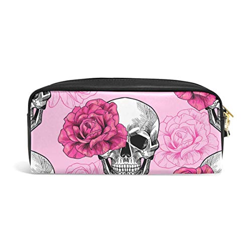 ARRISLIFE Bolso de lápiz con cremallera de cuero PU,Sugar Skull Pink Floral Flower Estuche para bolígrafo Estuche Bolsa de cosméticos de maquillaje for Niño Niños Chicas Colegio Mujer