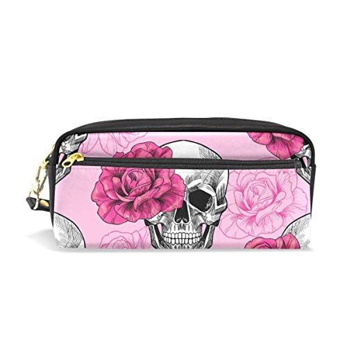 ARRISLIFE Bolso de lápiz con cremallera de cuero PU,Sugar Skull Pink Floral Flower Estuche para bolígrafo Estuche Bolsa de cosméticos de maquillaje for Niño Niños Chicas Colegio Mujer