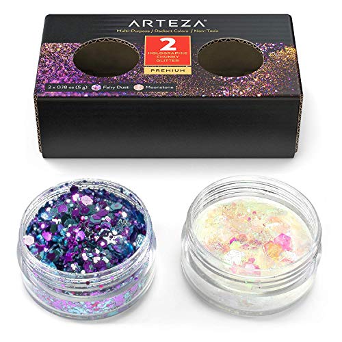 Arteza Lentejuelas de purpurina para uñas y manualidades, juego de 2 colores (Polvo de Hadas y Piedra Lunar), frascos de 5 g, purpurina holográfica para slime, resina epoxi, nail art y artesanías