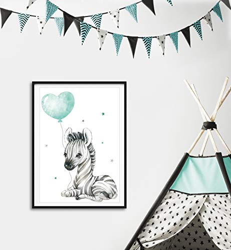 artpin Juego de 4 imágenes para habitación de niños, Menta verde decoración para niños y niñas, DIN A4, póster, diseño de animales de la jungla p63