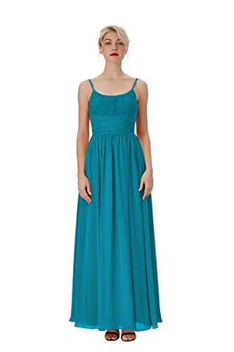 Atlxdres Ajustable Tiras de Espagueti Vestidos de Fiesta Largos de Noche Cucharón Cuello Cordón Plisado Imperio Cintura Gasa Vestidos con Bolsillos Verde Jade