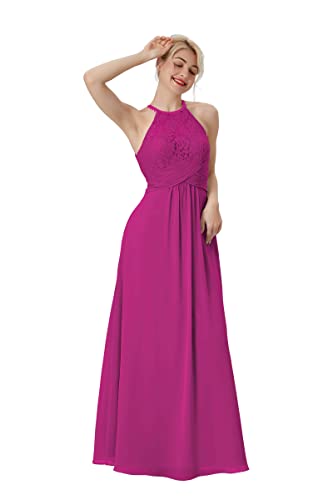 Atlxdres Cabestro Vestido Fiesta Mujer Cordón Plisado Sin Mangas Gasa Largo Vestido de la Dama de Honor con Ojo de Cerradura Atrás Fucsia