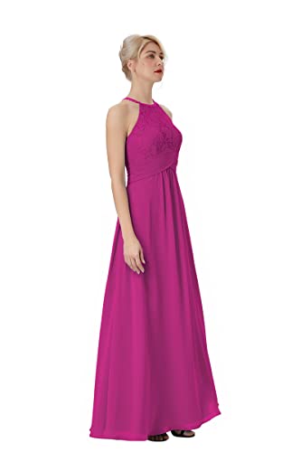 Atlxdres Cabestro Vestido Fiesta Mujer Cordón Plisado Sin Mangas Gasa Largo Vestido de la Dama de Honor con Ojo de Cerradura Atrás Fucsia