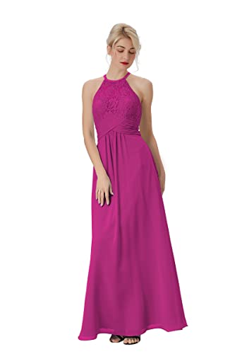 Atlxdres Cabestro Vestido Fiesta Mujer Cordón Plisado Sin Mangas Gasa Largo Vestido de la Dama de Honor con Ojo de Cerradura Atrás Fucsia