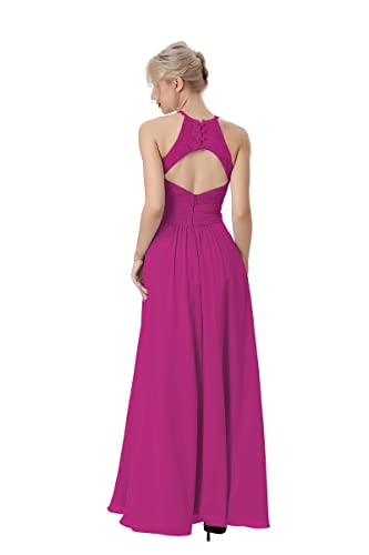 Atlxdres Cabestro Vestido Fiesta Mujer Cordón Plisado Sin Mangas Gasa Largo Vestido de la Dama de Honor con Ojo de Cerradura Atrás Fucsia