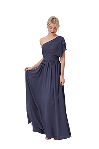 Atlxdres Un Hombro Imperio Cintura Maxi Vestidos de Dama de Honor con Volantes Manga Plisado Alinear Gasa Vestidos de Fiesta para Mujer Tormentoso