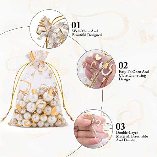 Aucuu 105 Bolsas de Regalo de organza, 10 x 15 cm Bolsas de Organza para Joyas con Corazones de Amor, Bolsas con Cordón para Joyas, Bolsas de Recuerdos para Fiestas de Bodas (Blanco + Dorado)