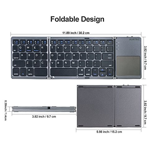 AURTEC Teclado Bluetooth Plegable con Teclado táctil inalámbrico, Recargable, portátil, inalámbrico, para PC, Tableta, Android, Smartphone, Color Gris Oscuro