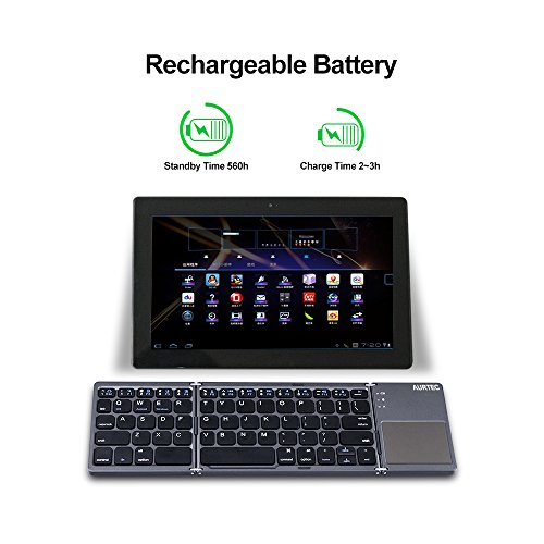 AURTEC Teclado Bluetooth Plegable con Teclado táctil inalámbrico, Recargable, portátil, inalámbrico, para PC, Tableta, Android, Smartphone, Color Gris Oscuro