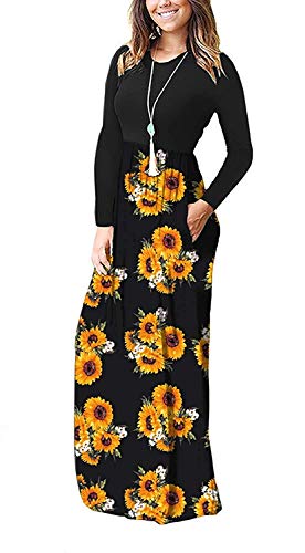 AUSELILY Mujer Vestidos Largos de Manga Larga Sueltos Lisos de Talla Grande Vestidos Largos Casuales con Bolsillos(Girasoles,XL)