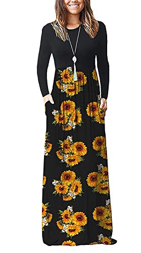 AUSELILY Mujer Vestidos Largos de Manga Larga Sueltos Lisos de Talla Grande Vestidos Largos Casuales con Bolsillos(Girasoles,XL)