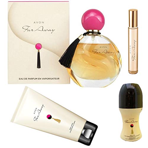 Avon Far Away Set de Regalo de Reyes para Mujer (4 unidades, Eau de Parfum en espray, Desodorante, Crema Corporal y Spray de Bolsillo.