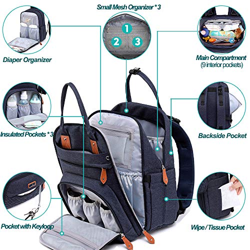 BabbleRoo Mochilas de Pañales para Bebé, Gran Capacidad Mochila de Cambio Bolsa para Pañales con Cambiador y Porta Chupones para Mamá y Papá (azul marino)